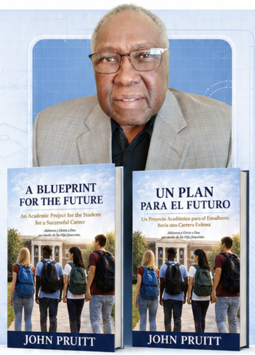 John Pruitt with the English and Spanish editions of A Blueprint for the Future